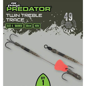 Fox Rage Predator Twin Treble Trace 52cm Size 4 Barbed 40lb Pike Fishing FRR021