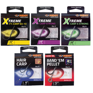 Middy X-treme Hooks to Nylon Strong X-strong Hair Band 'Em Barbless Carp Fishing