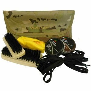 Web-Tex Boot Care Kit Camo Pouch w. Black & Brown Polish & Laces Brushes
