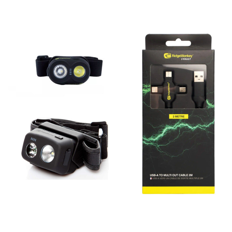Ridgemonkey Rechargable Headtorch Headlamp or USB Multi Out Cable Camping Hiking